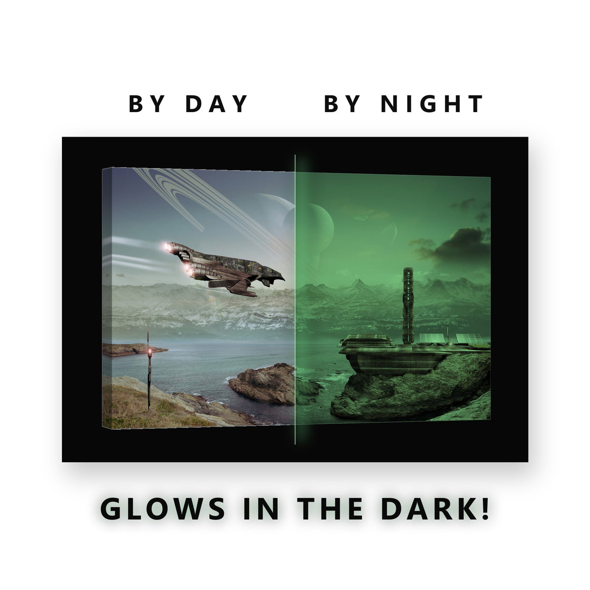 Spacecraft Over an Alien Coast Glow in the Dark Canvas Wall Art Kids Room, glowing at night