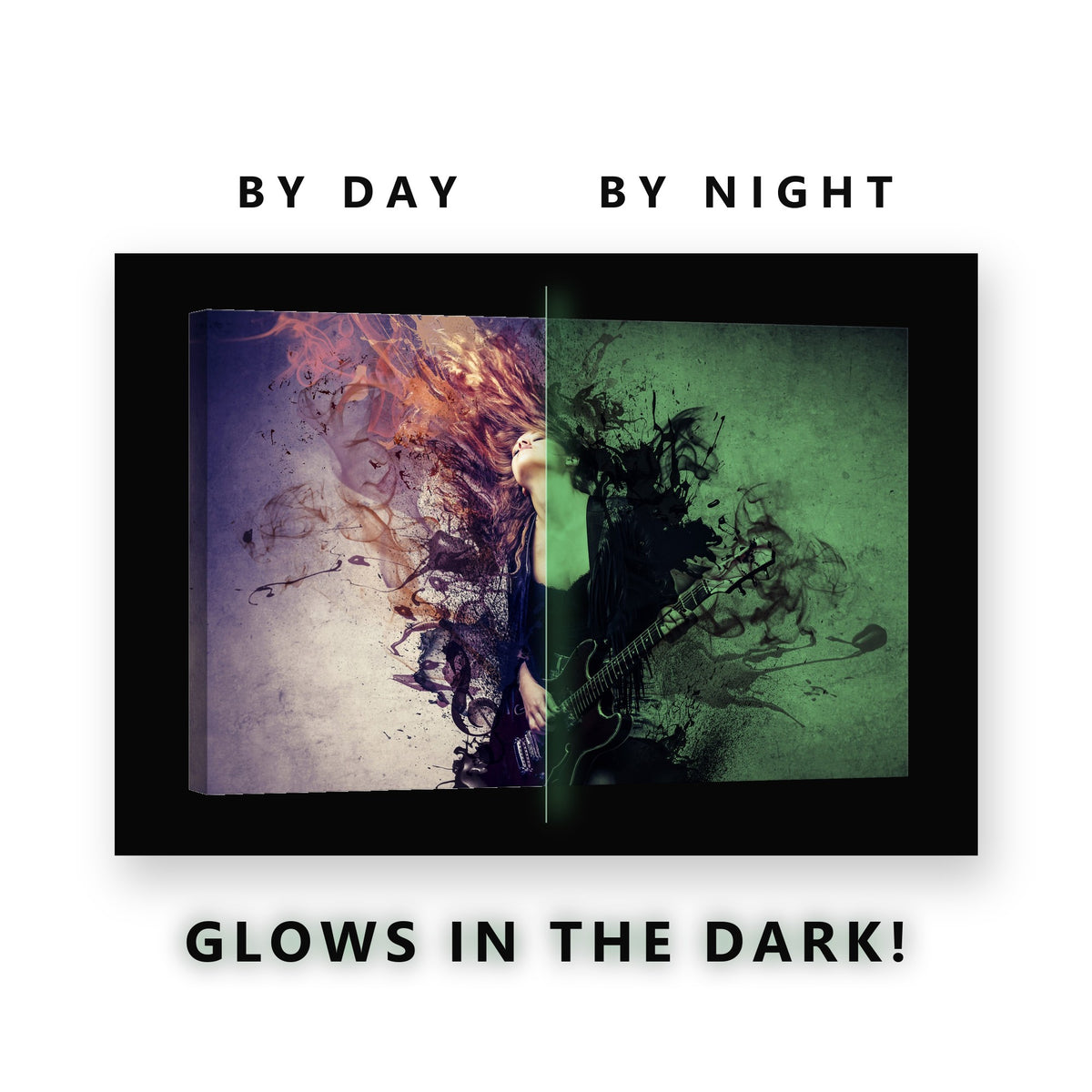 Guitarist Dissolving Into Smoke Glow in the Dark Canvas Wall Art Man Cave, glowing at night