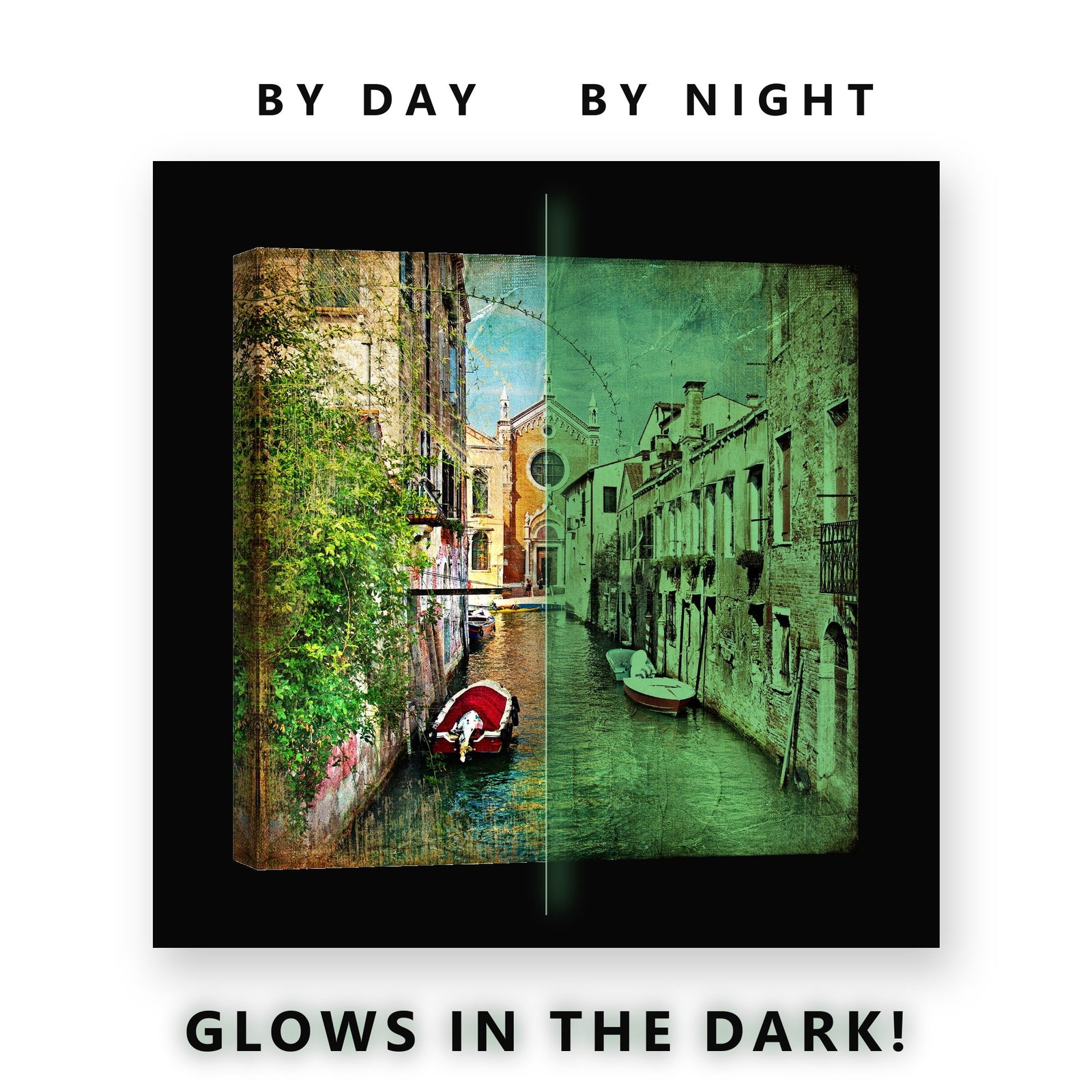 Vintage Canal With Red Boats Glow in the Dark Canvas Wall Art Living Room, glowing at night