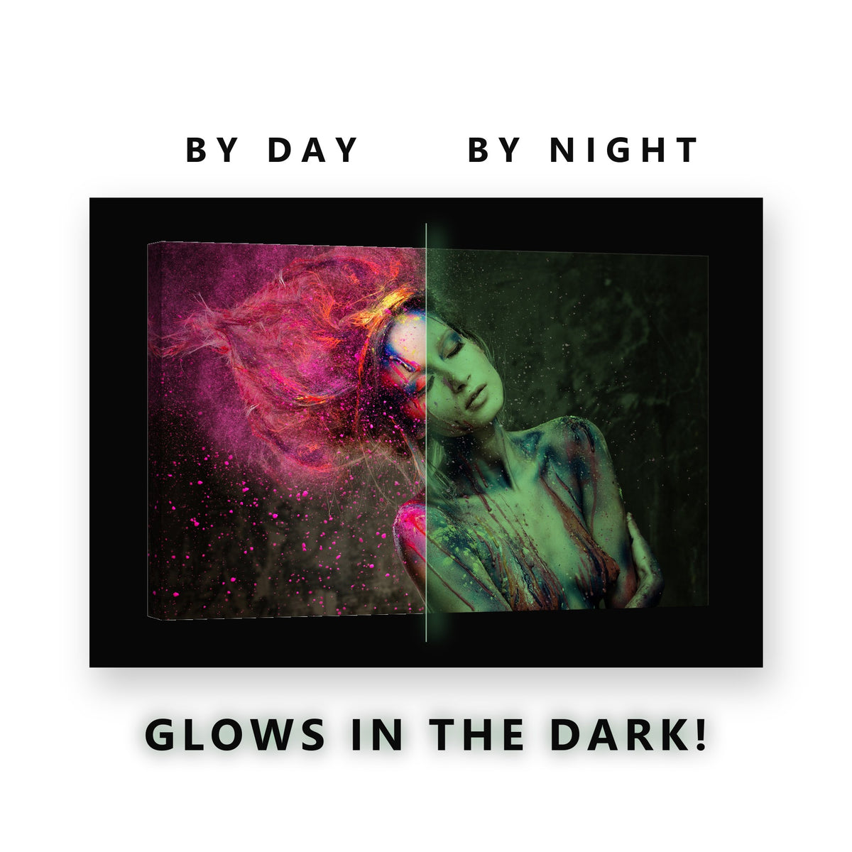 Rainbow Powder Body Paint Glow in the Dark Canvas Wall Art for Bedroom, glowing at night