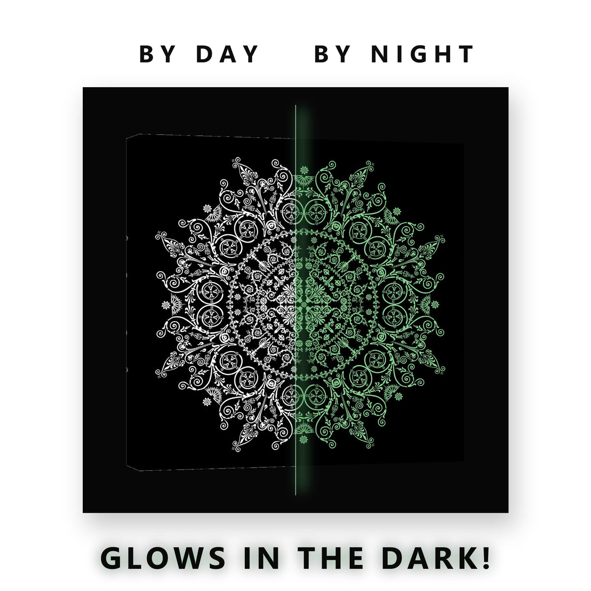 White Lace Mandala on Black Glow in the Dark Canvas Wall Art Bedroom, glowing at night