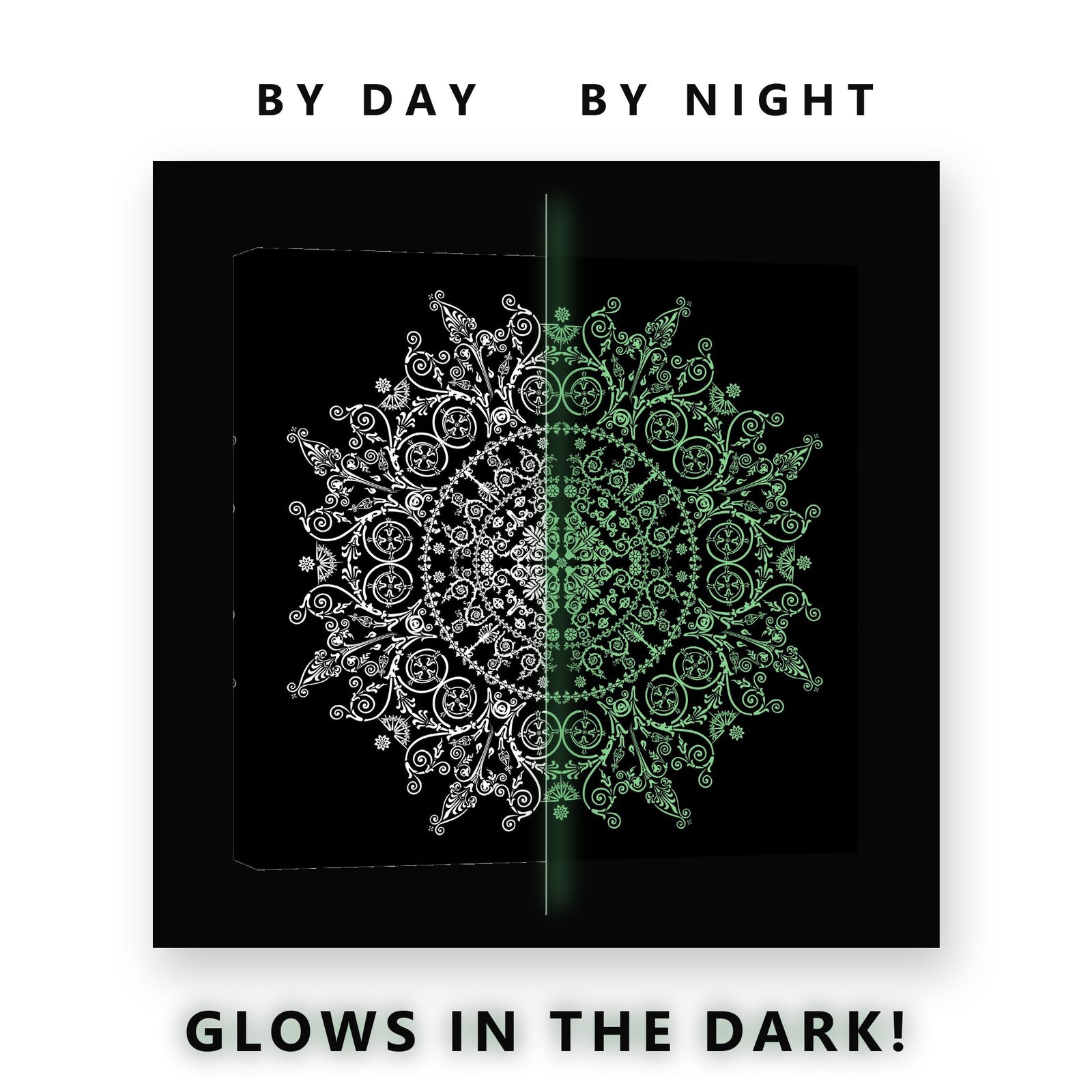 White Lace Mandala on Black Glow in the Dark Canvas Wall Art Bedroom, glowing at night