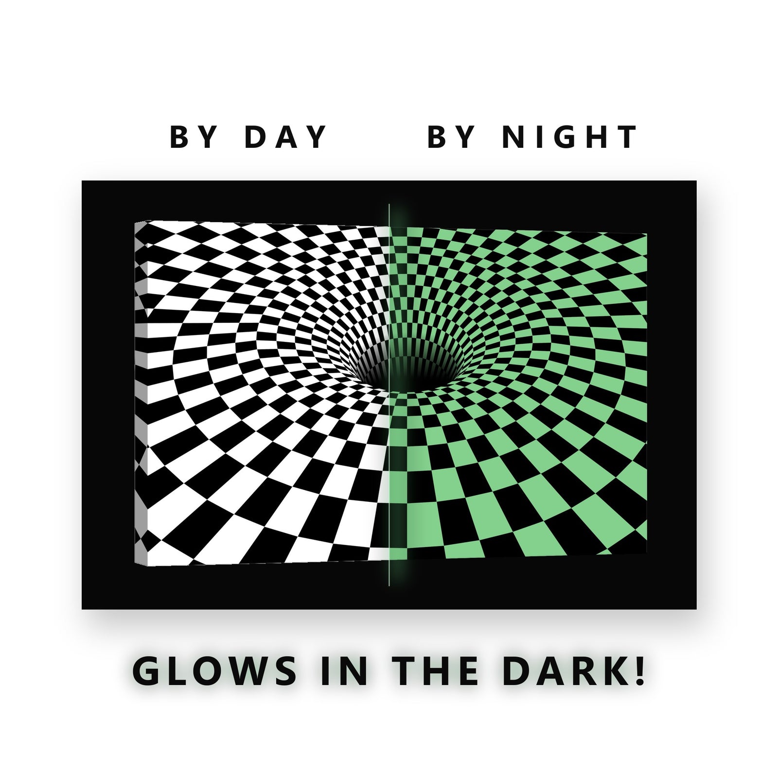 Checkerboard Illusion Tunnel Glow in the Dark Canvas Wall Art Home Office, glowing at night