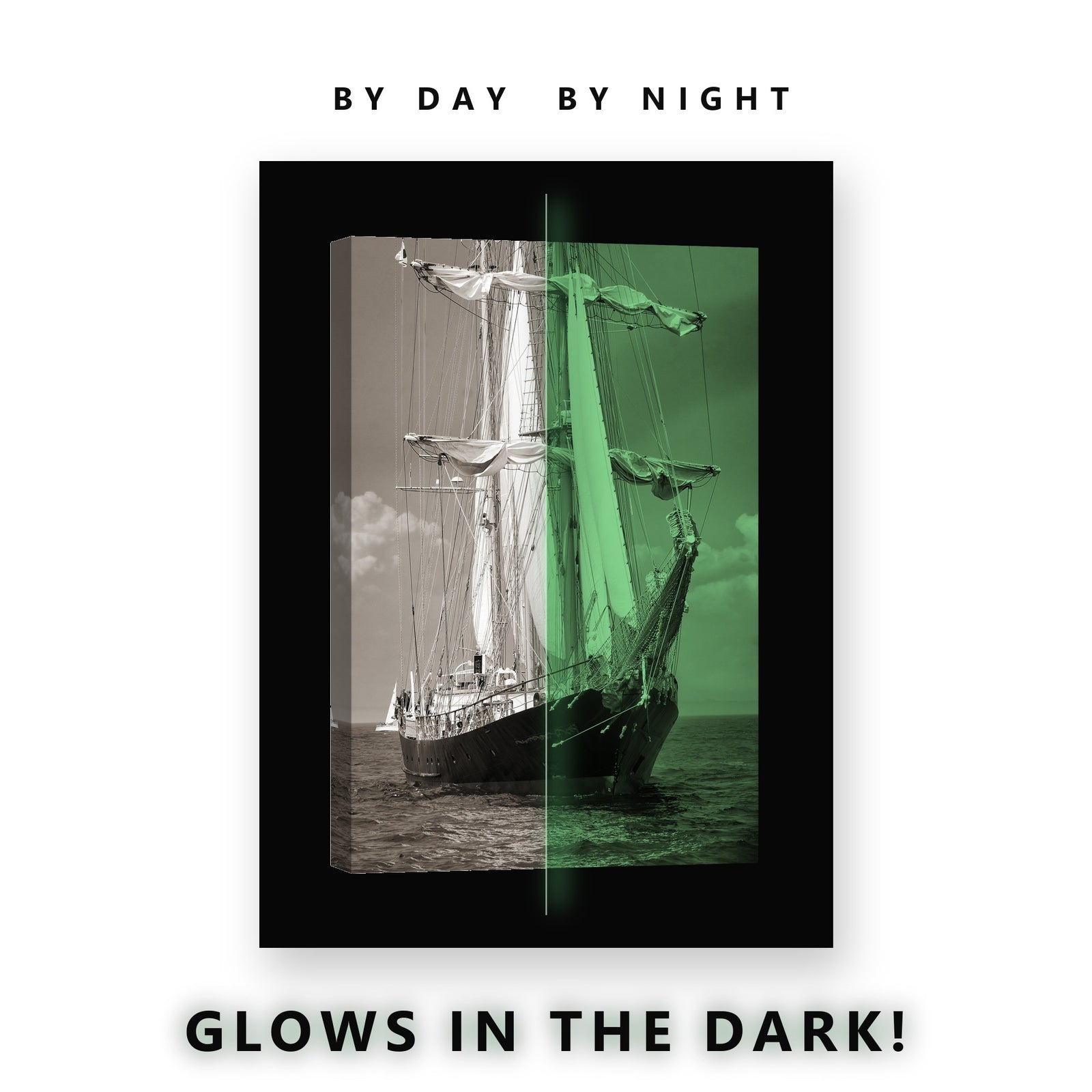 Tall Ship Under Sail in Sepia Glow in the Dark Canvas Wall Art Man Cave, glowing at night
