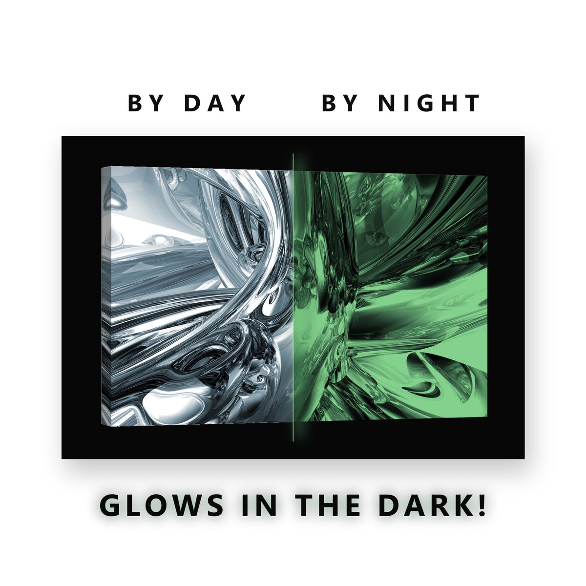Silver Chrome Abstract Forms Glow in the Dark Canvas Wall Art Office, glowing at night