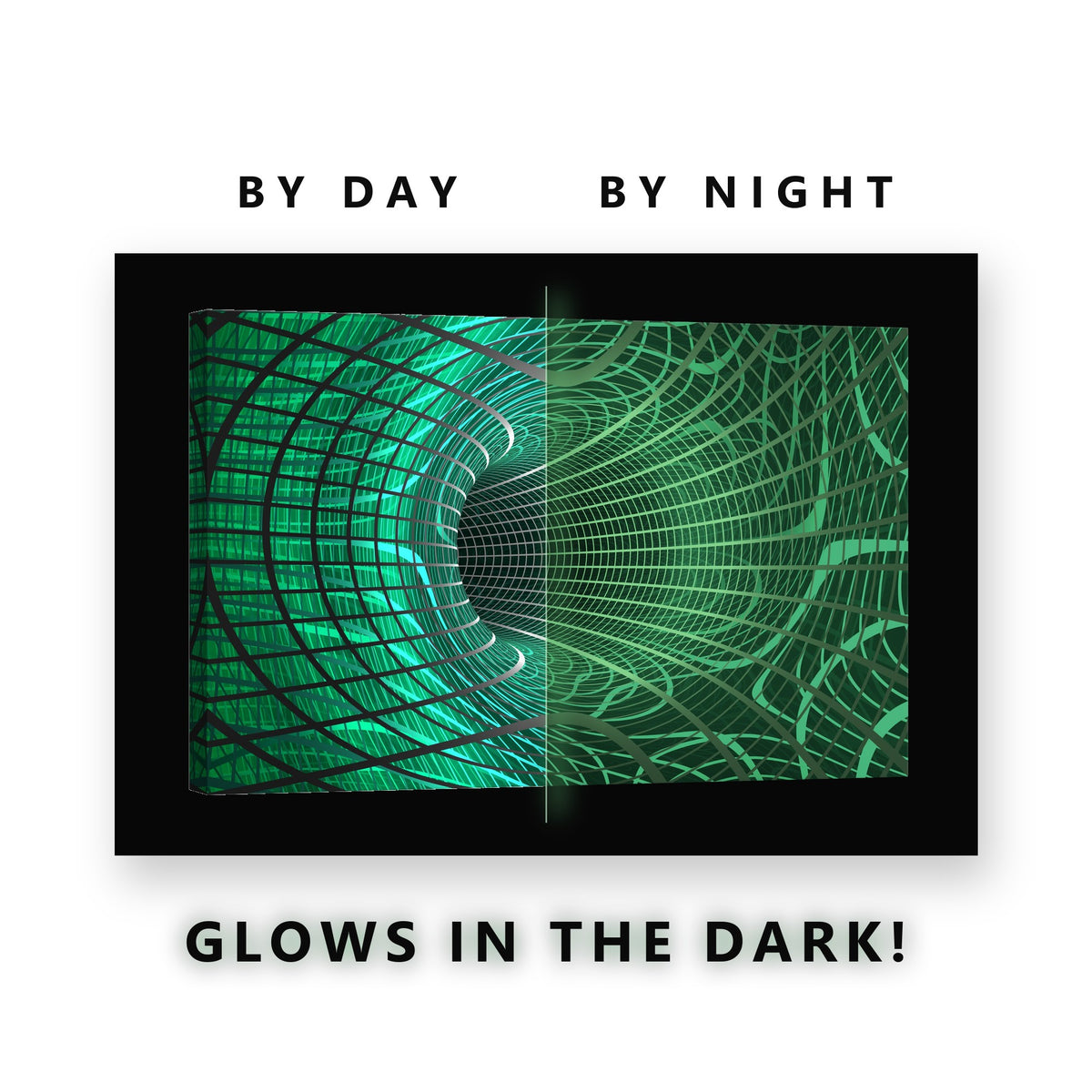 Green Wireframe Tunnel Glow in the Dark Canvas Wall Art Home Office, glowing at night