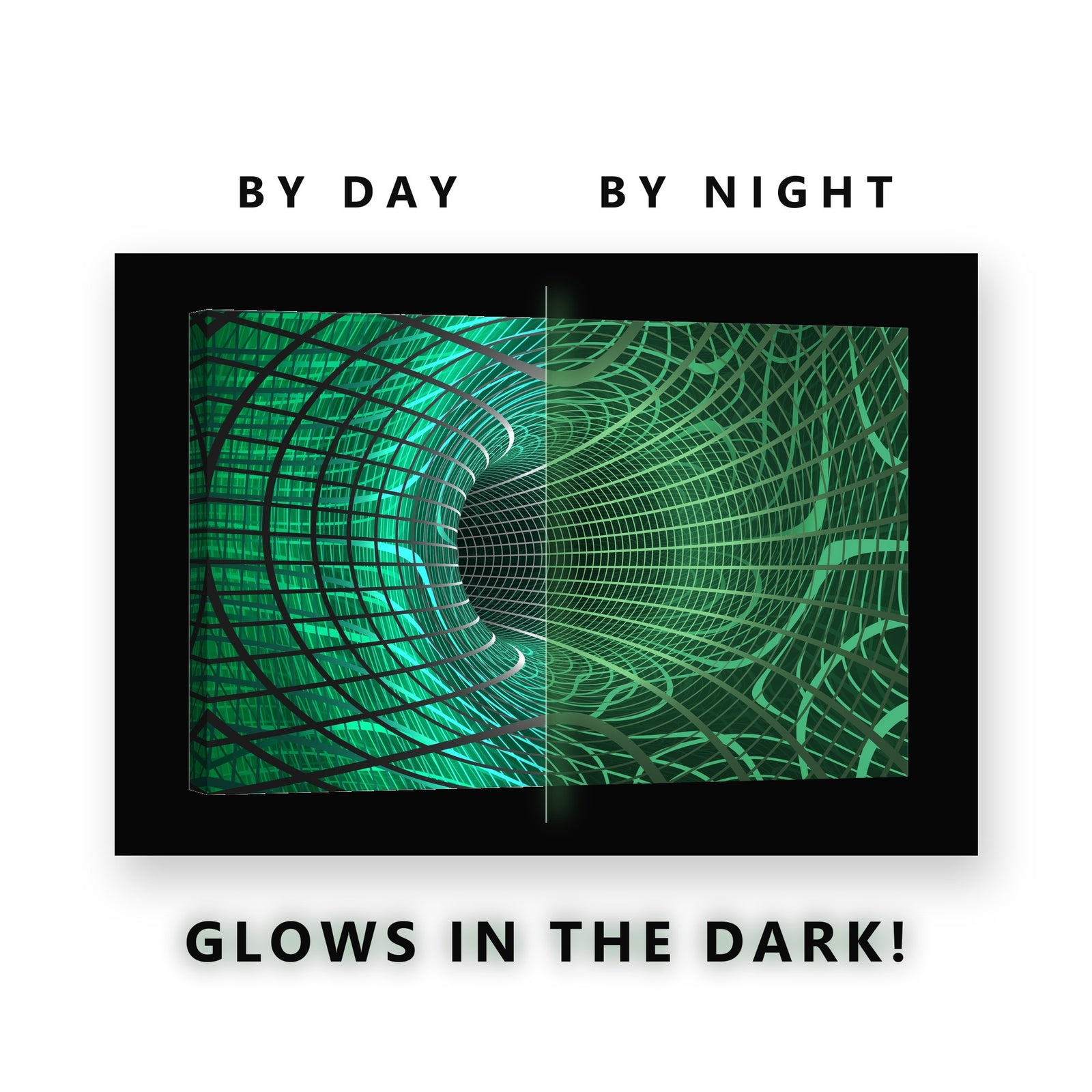 Green Wireframe Tunnel Glow in the Dark Canvas Wall Art Home Office, glowing at night