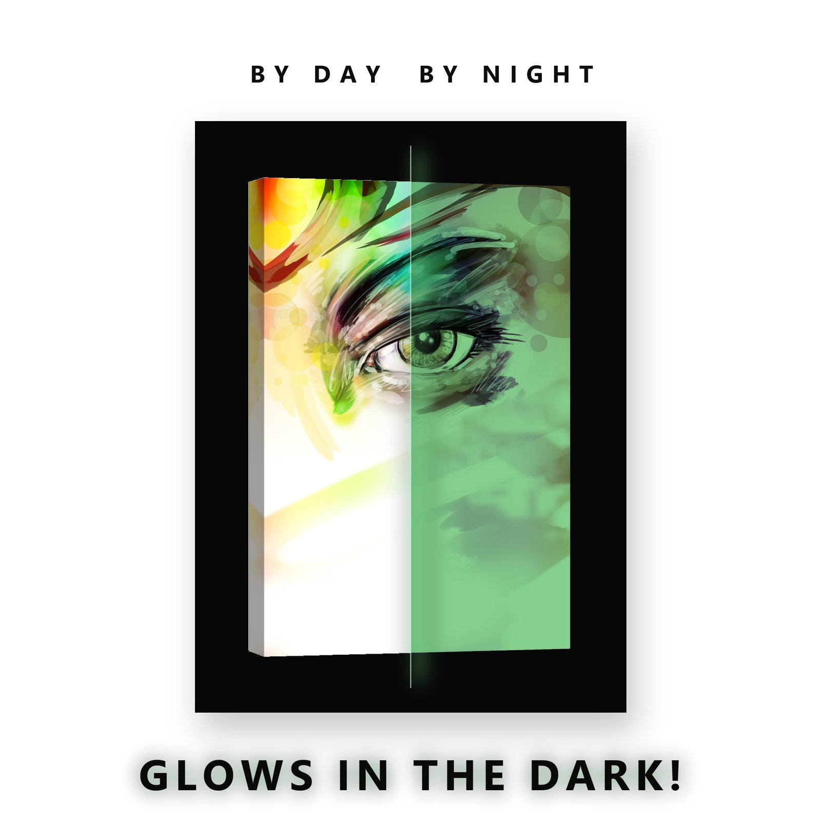 Rainbow Painted Eye Art Glow in the Dark Canvas Wall Art for Bedroom, glowing at night