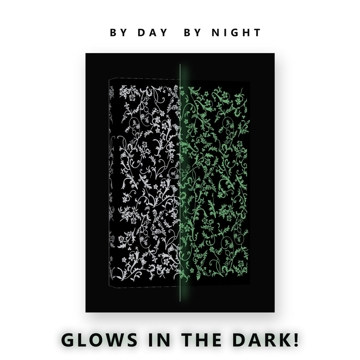 Silver Floral Scroll on Black Glow in the Dark Canvas Wall Art Bedroom, glowing at night