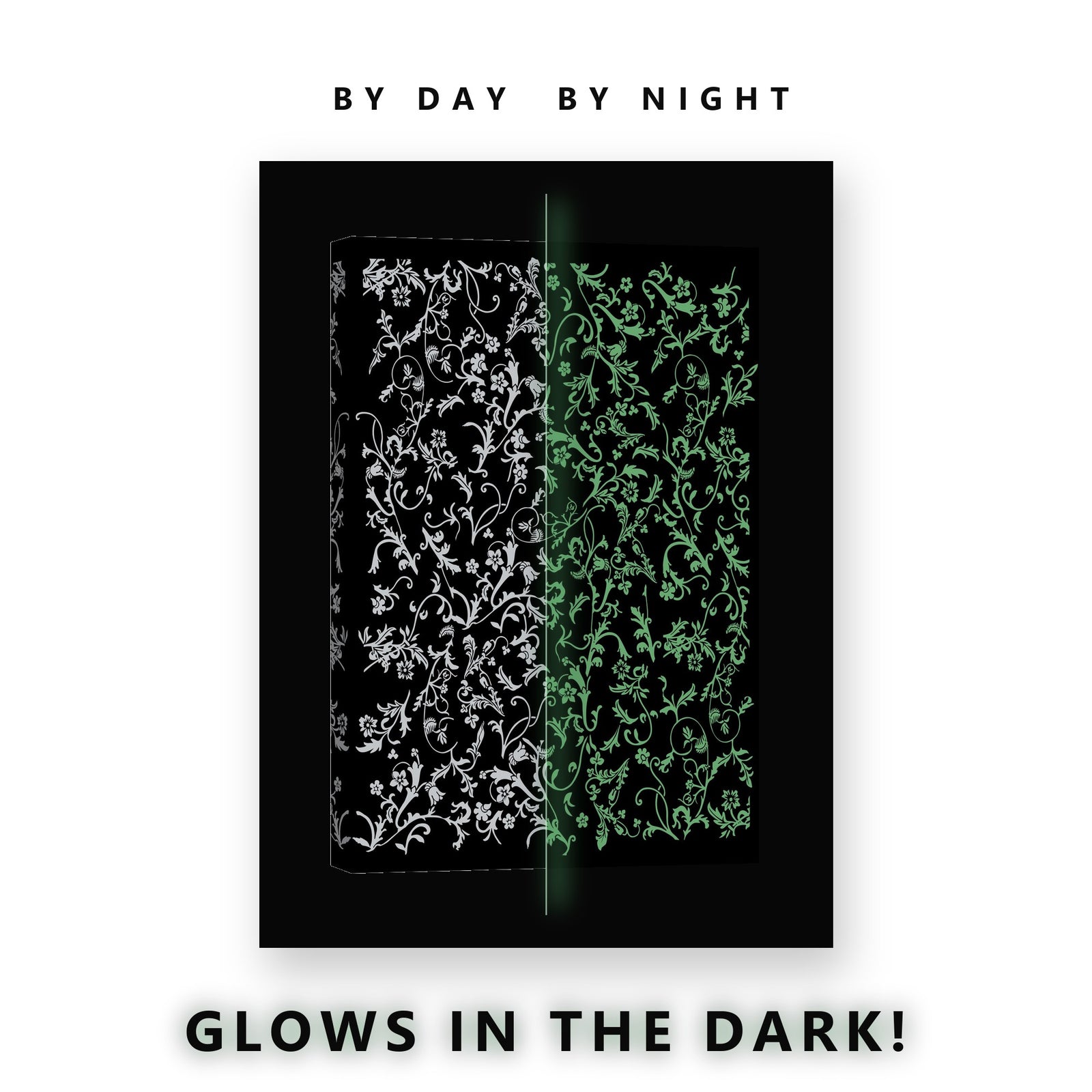 Silver Floral Scroll on Black Glow in the Dark Canvas Wall Art Bedroom, glowing at night