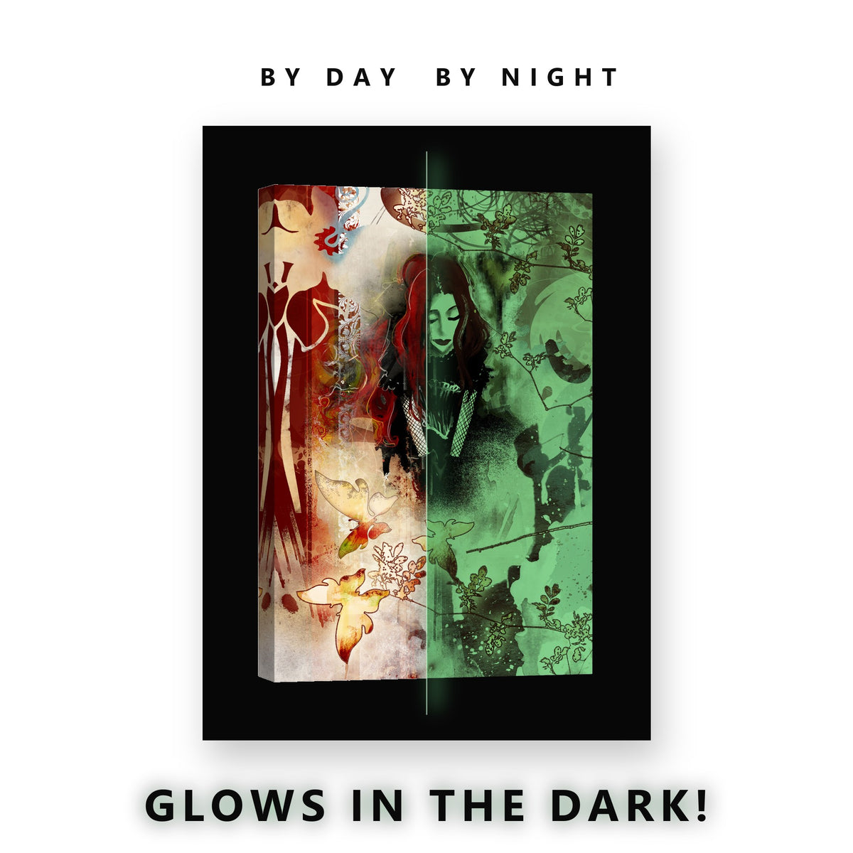 Red Haired Figure Collage Glow in the Dark Canvas Wall Art for Bedroom, glowing at night