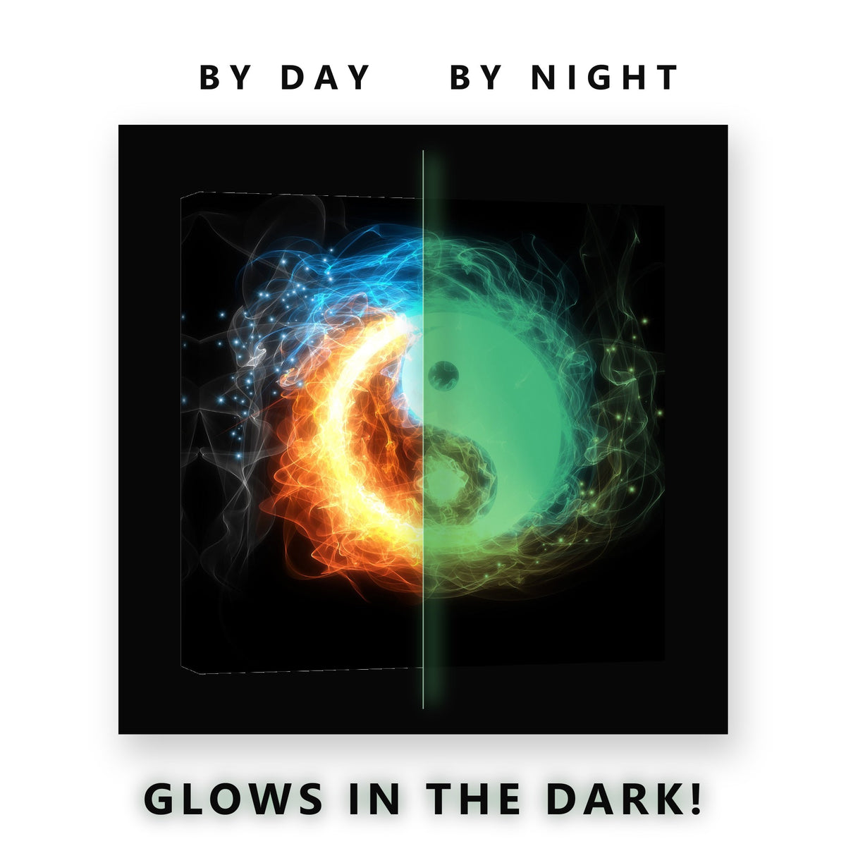 Fire and Ice Yin Yang Glow in the Dark Canvas Wall Art for Living Room, glowing at night