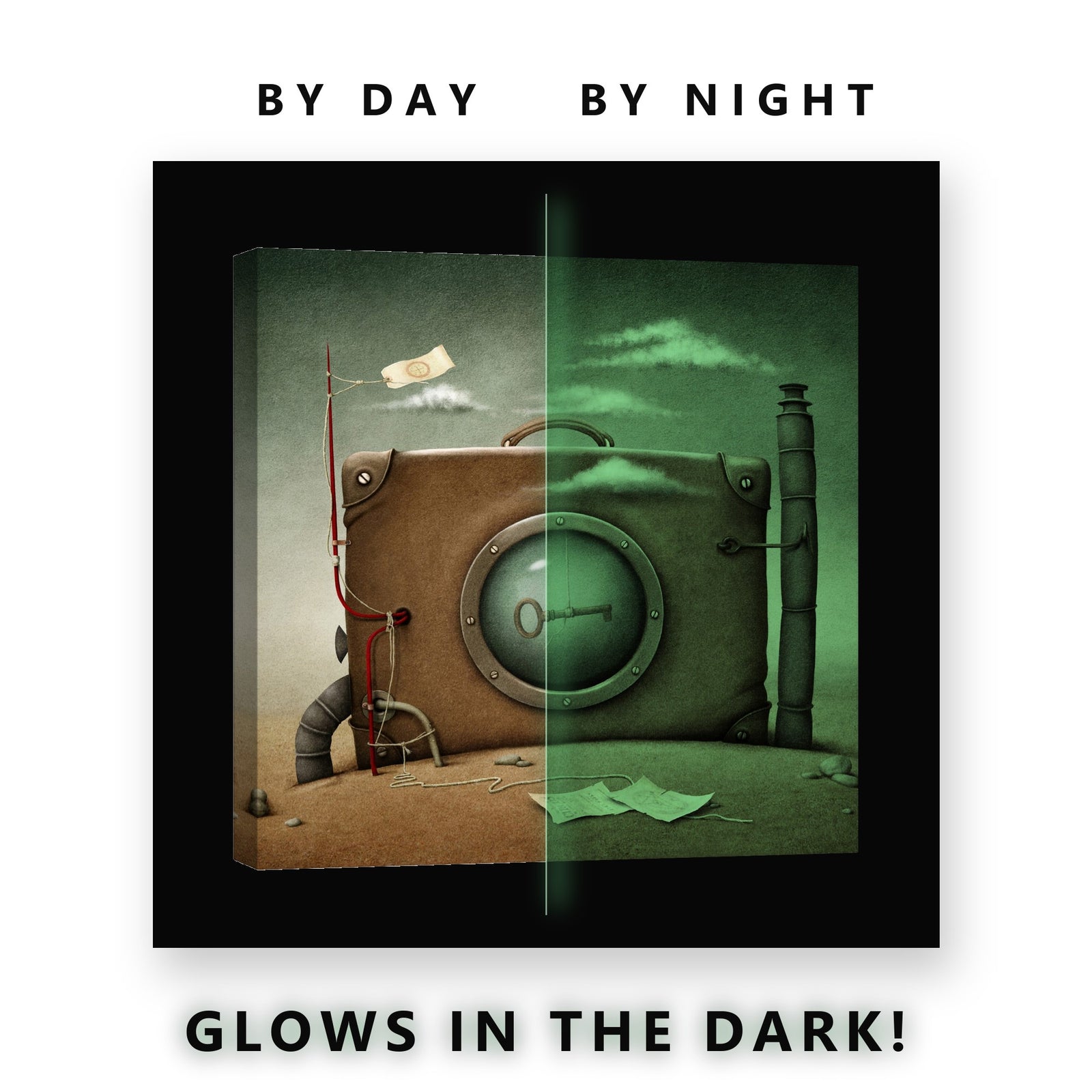 Surreal Suitcase With a Key Glow in the Dark Canvas Wall Art Home Office, glowing at night