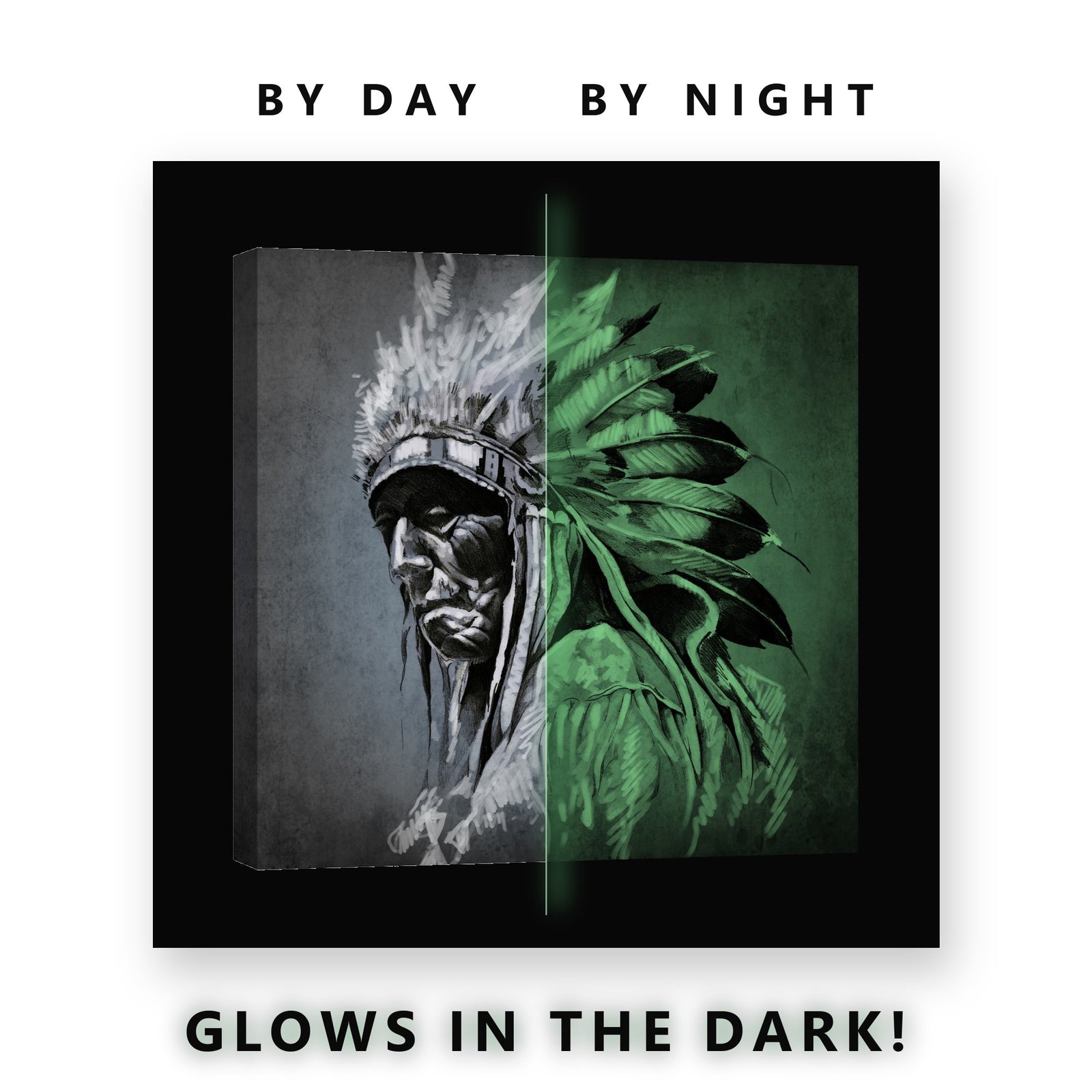Feather Headdress Portrait Glow in the Dark Canvas Wall Art Living Room, glowing at night