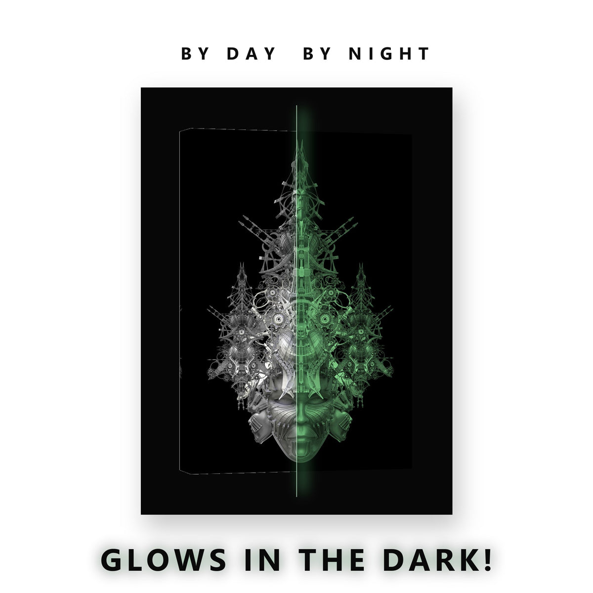 Mechanical Mask on Black Glow in the Dark Canvas Wall Art for Man Cave, glowing at night