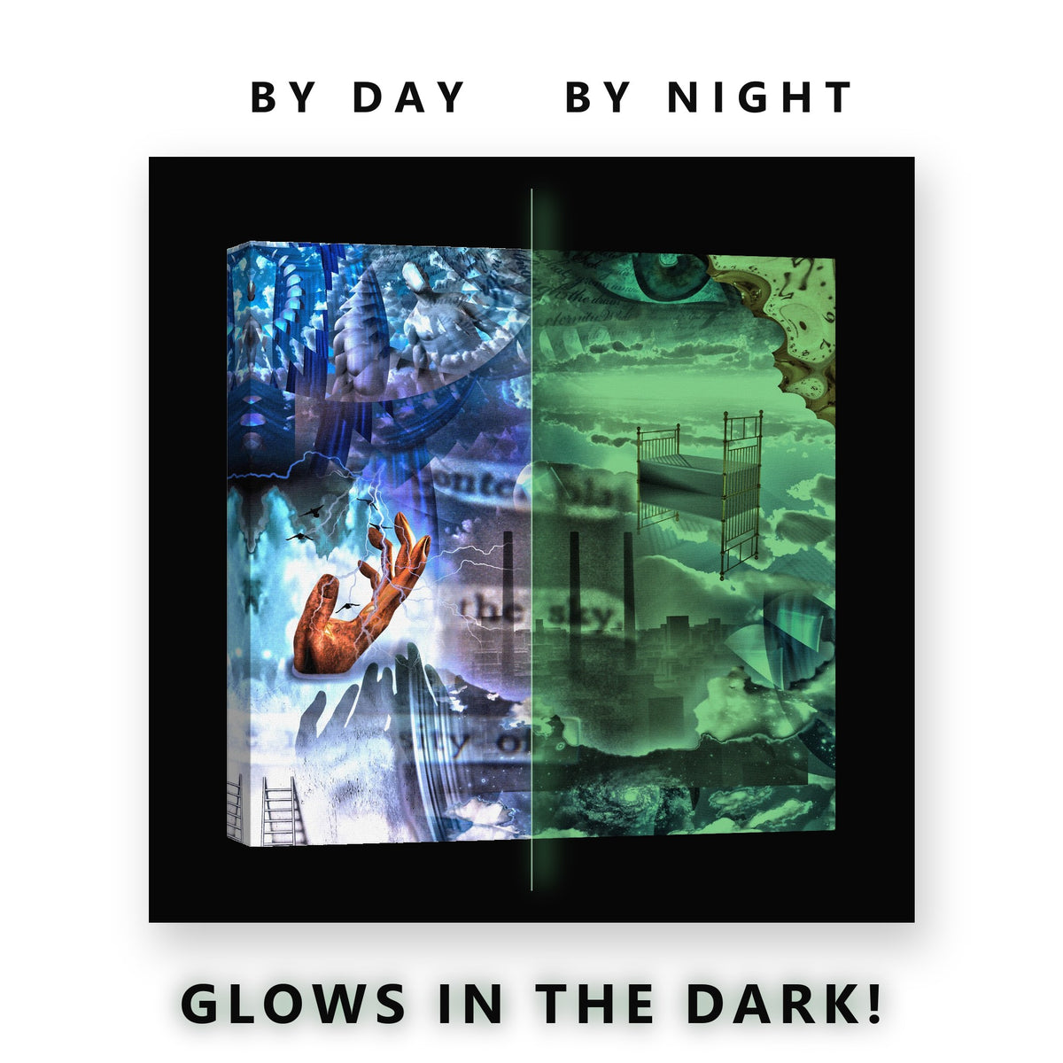 Surreal Blue Dream Collage Glow in the Dark Canvas Wall Art Home Office, glowing at night