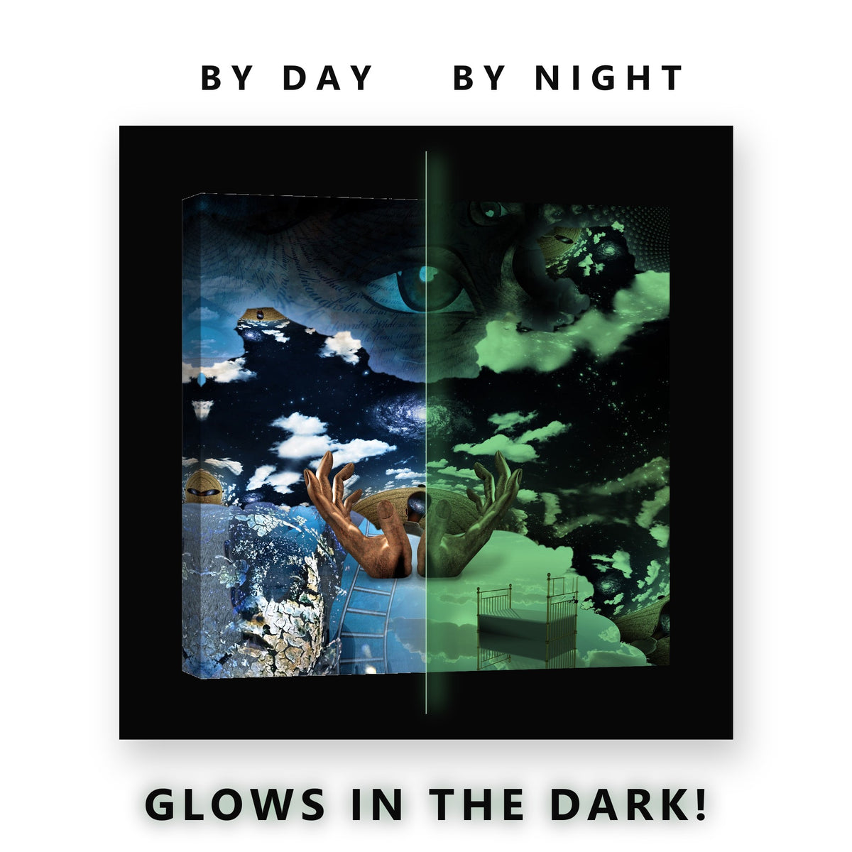 Hands and Sky Surreal Collage Glow in the Dark Canvas Wall Art Office, glowing at night
