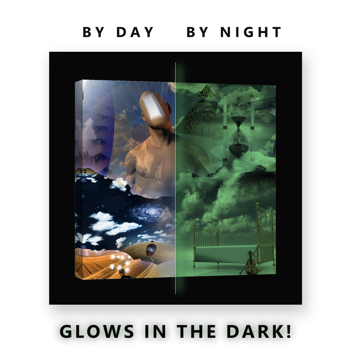 Surreal Dream Room Collage Glow in the Dark Canvas Wall Art Home Office, glowing at night