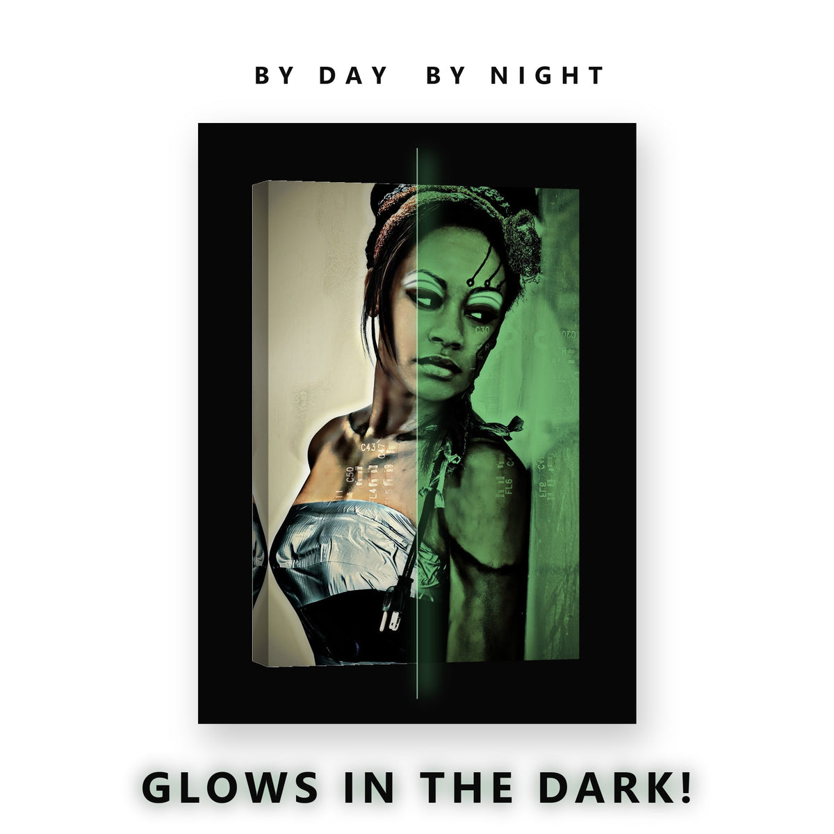 Silver Fashion Portrait Glow in the Dark Canvas Wall Art for Bedroom, glowing at night
