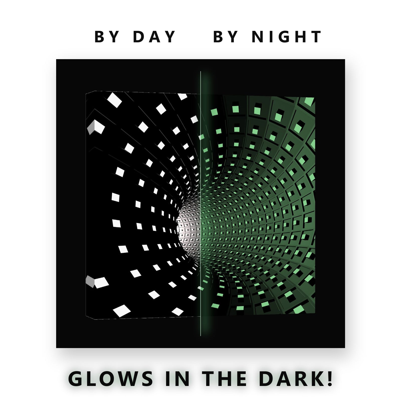 Black and White Cube Tunnel Glow in the Dark Canvas Wall Art Home Office, glowing at night