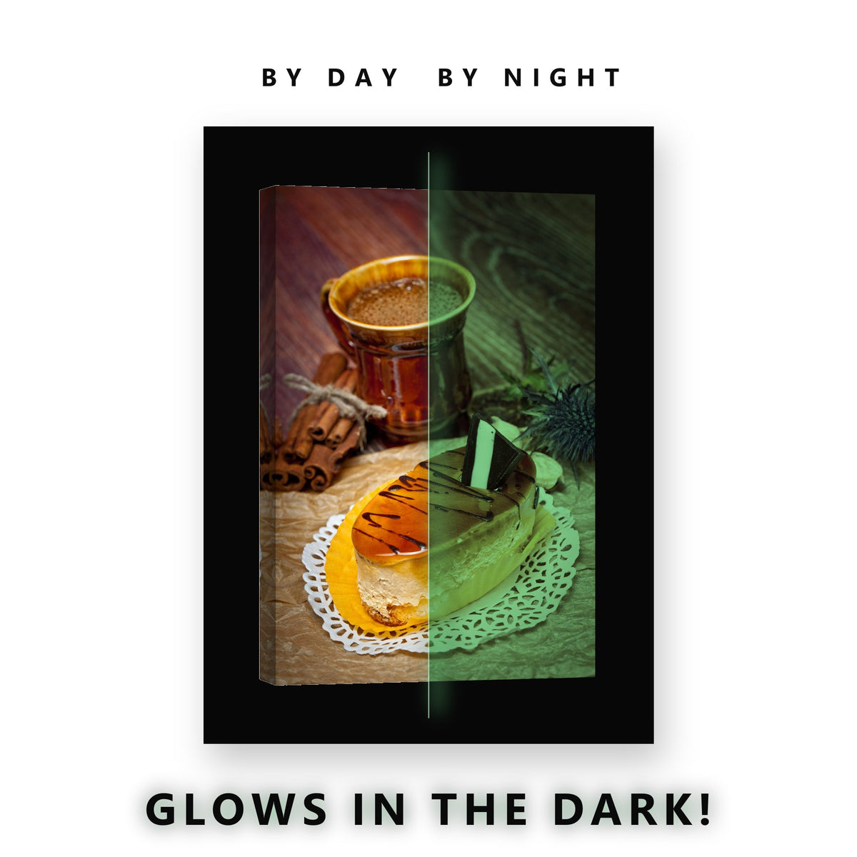 Caramel Cake and Coffee Glow in the Dark Canvas Wall Art for Kitchen, glowing at night