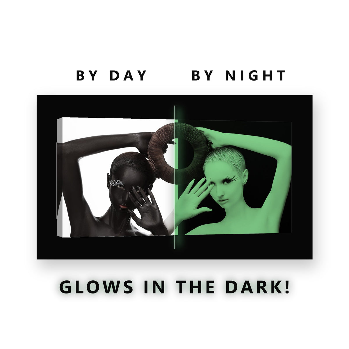 Black and White Body Paint Duo Glow in the Dark Canvas Wall Art Bedroom, glowing at night