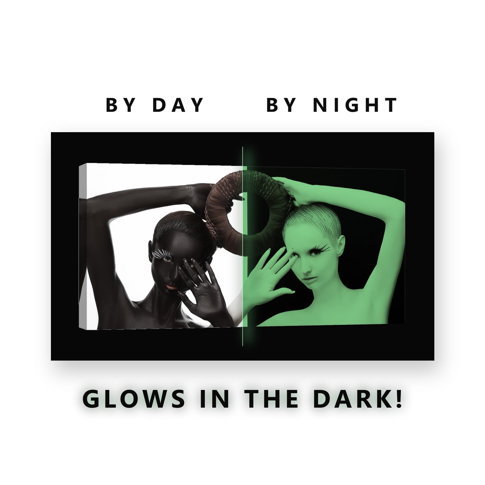 Black and White Body Paint Duo Glow in the Dark Canvas Wall Art Bedroom, glowing at night