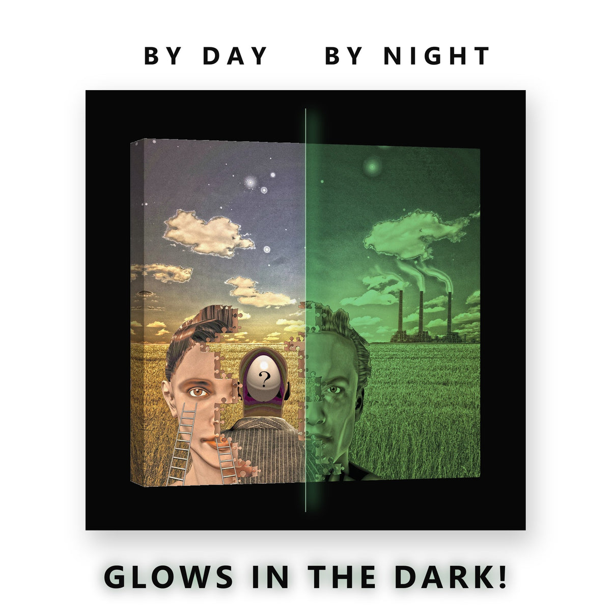 Jigsaw Faces in a Wheat Field Glow in the Dark Canvas Wall Art Office, glowing at night