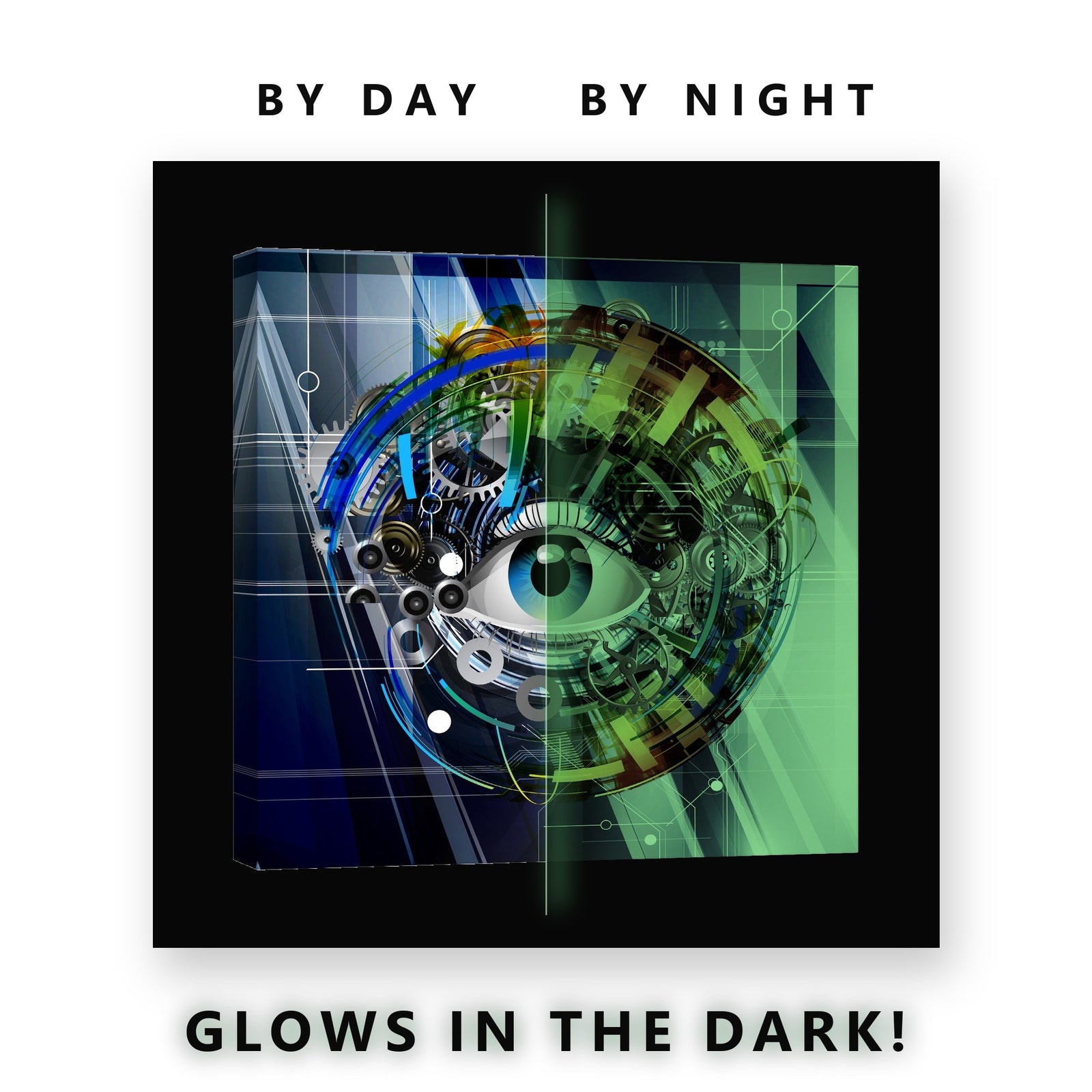 Mechanical Eye With Gears Glow in the Dark Canvas Wall Art Home Office, glowing at night