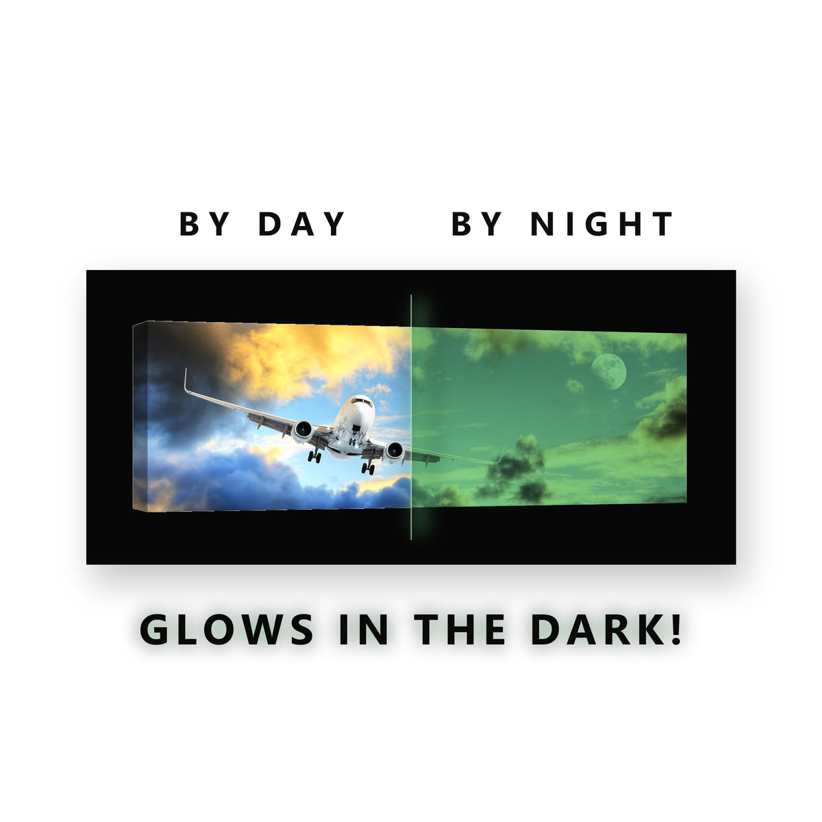 Airplane at Sunset Glow in the Dark Canvas Wall Art for Office, glowing at night
