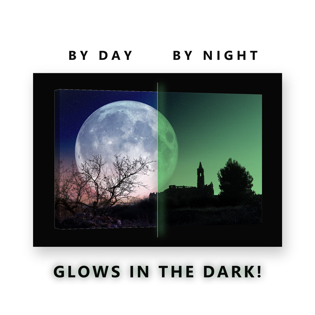 Full Moon Over Hilltop Church Glow in the Dark Canvas Wall Art for Living Room, glowing at night
