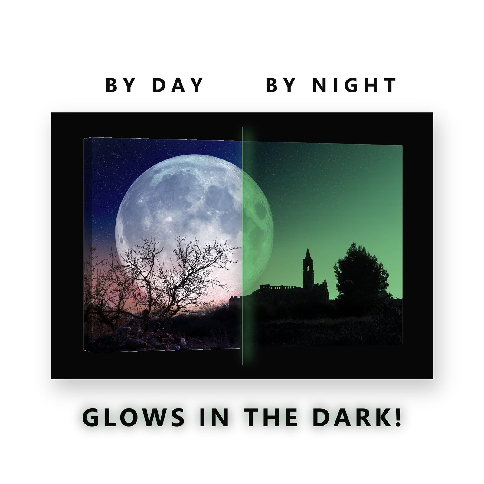 Full Moon Over Hilltop Church Glow in the Dark Canvas Wall Art for Living Room, glowing at night
