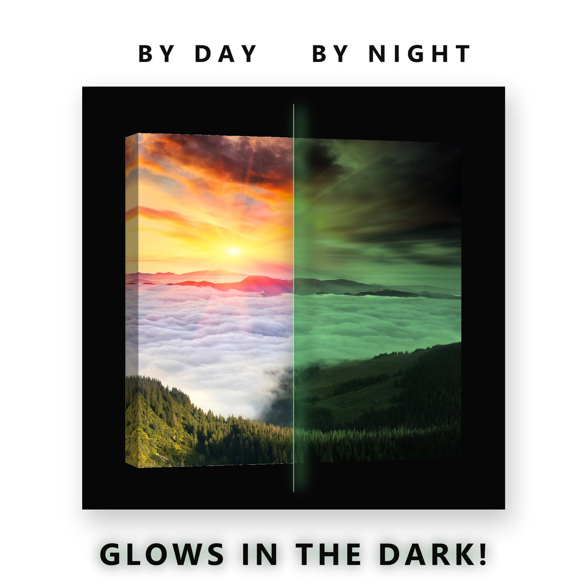 Fiery Mountain Sunrise Glow in the Dark Canvas Wall Art for Living Room, glowing at night