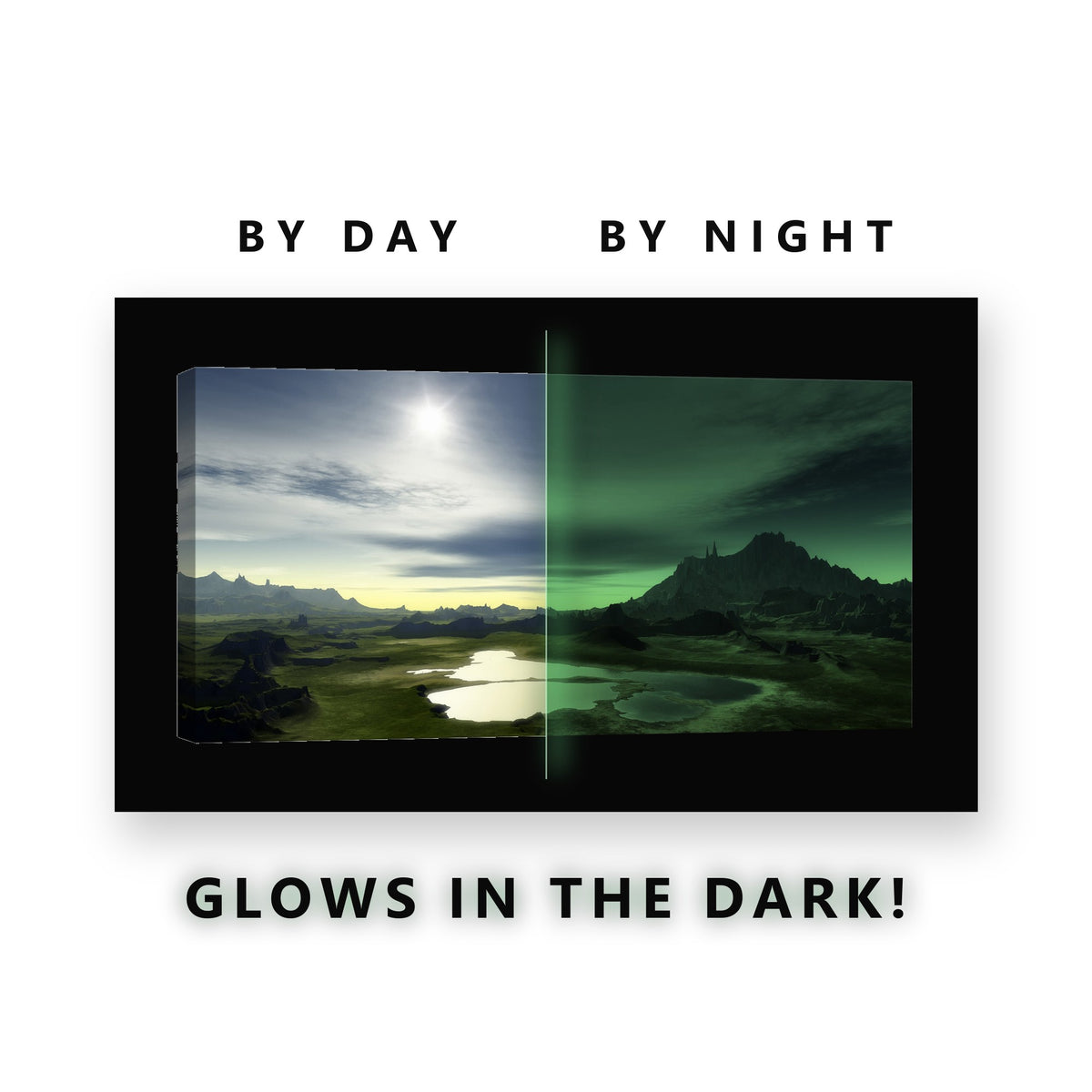 Alien Valley Lake Glow in the Dark Canvas Wall Art for Office, glowing at night
