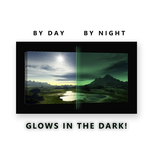 Alien Valley Lake Glow in the Dark Canvas Wall Art for Office, glowing at night