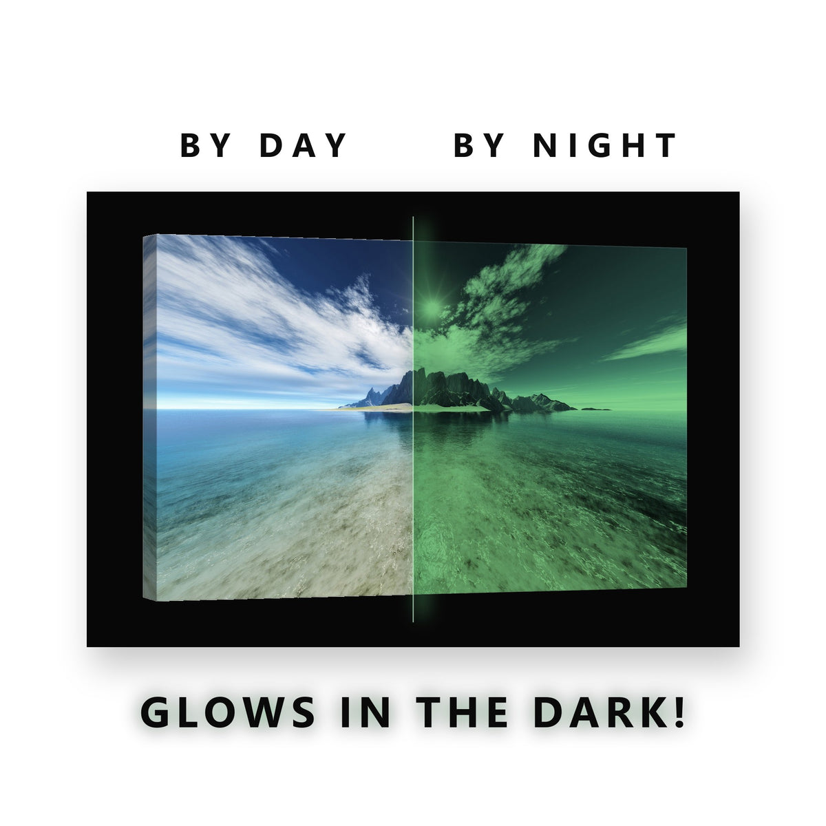Rocky Island Turquoise Ocean Glow in the Dark Canvas Wall Art for Bedroom, glowing at night