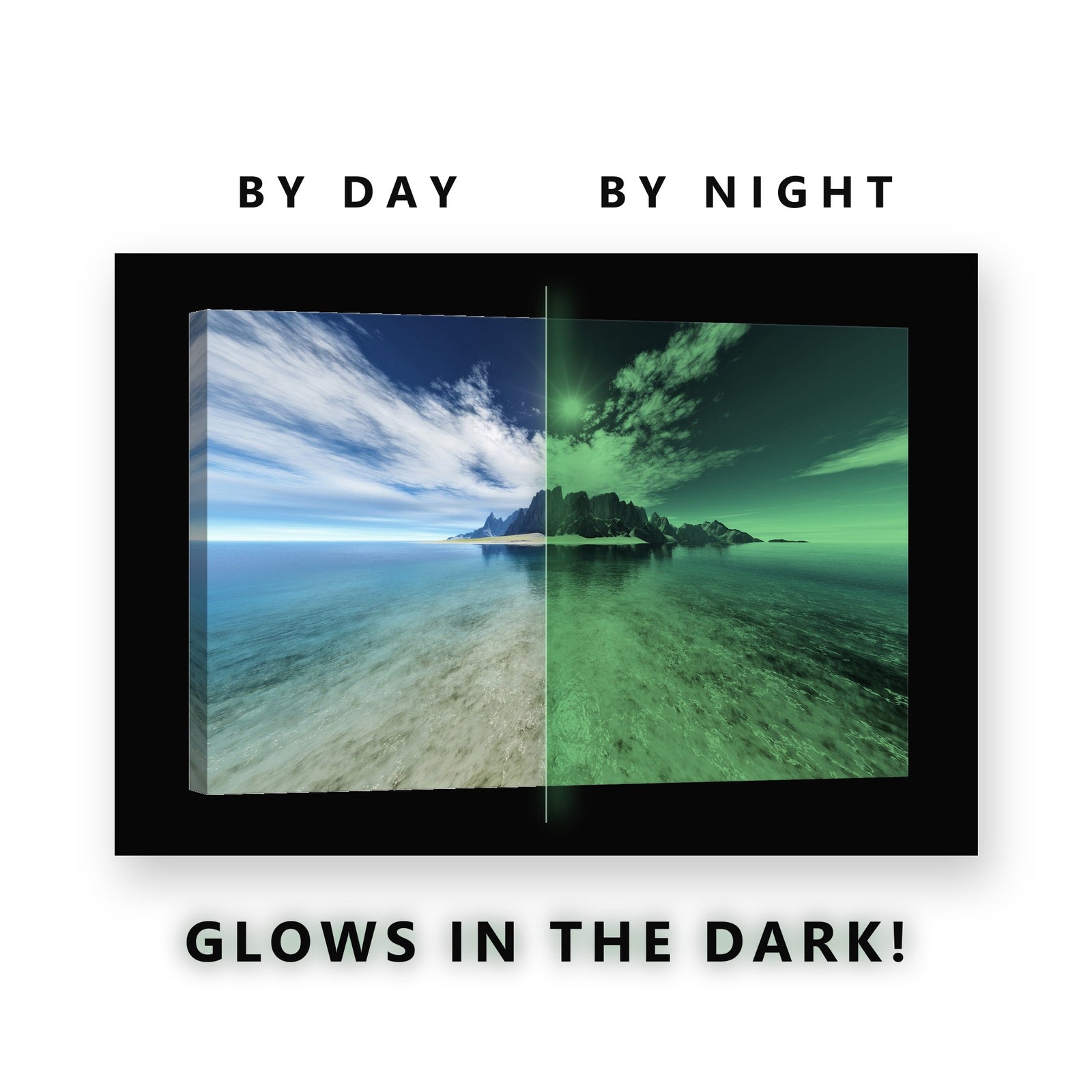 Rocky Island Turquoise Ocean Glow in the Dark Canvas Wall Art for Bedroom, glowing at night