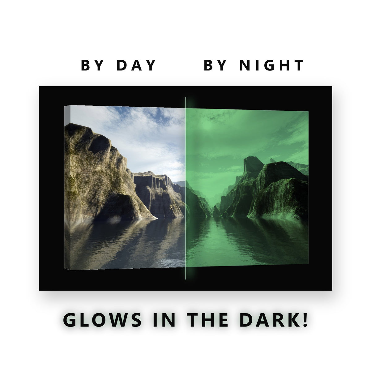 Narrow Fjord Cliffs Glow in the Dark Canvas Wall Art for Living Room, glowing at night