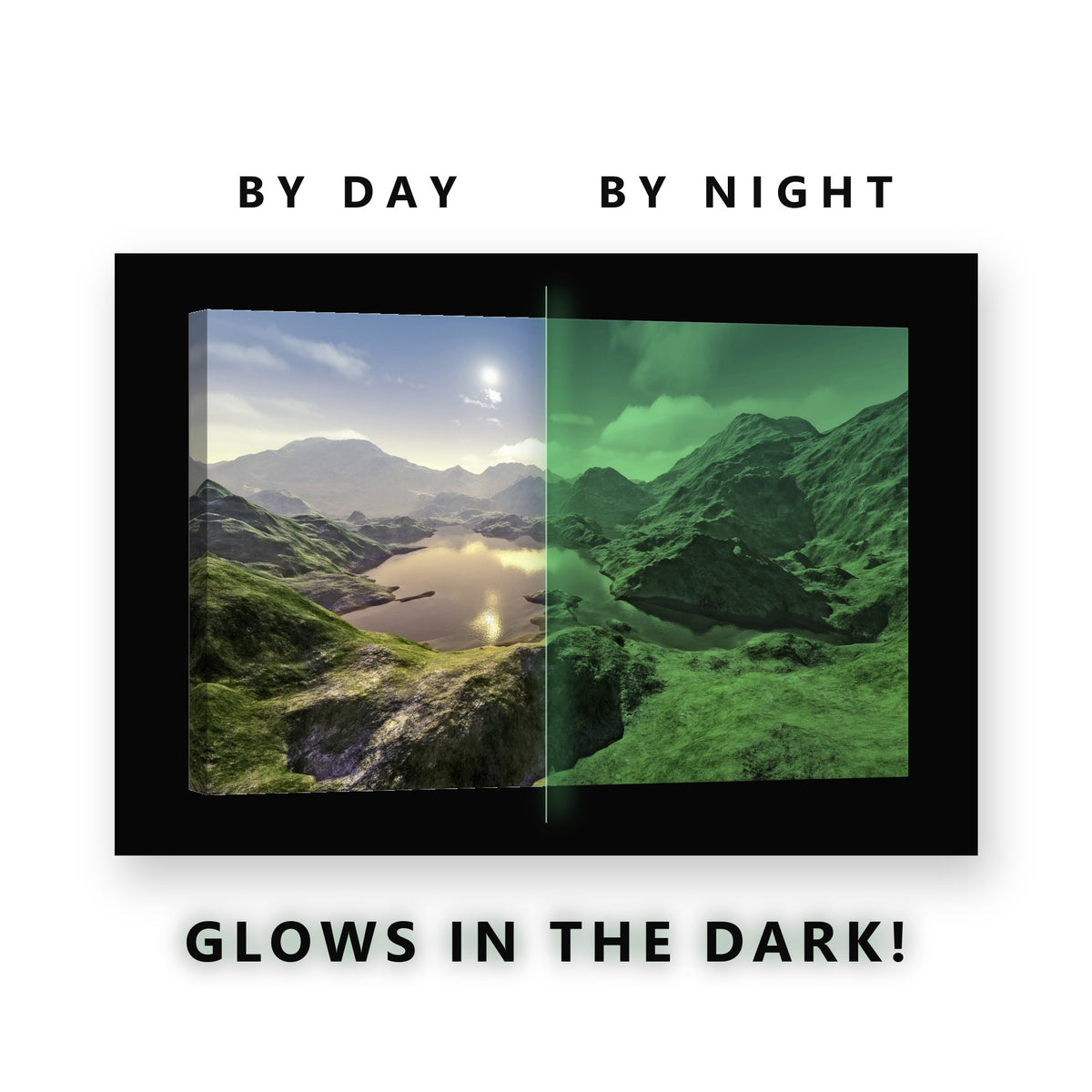 Golden Mountain Lake Glow in the Dark Canvas Wall Art for Bedroom, glowing at night