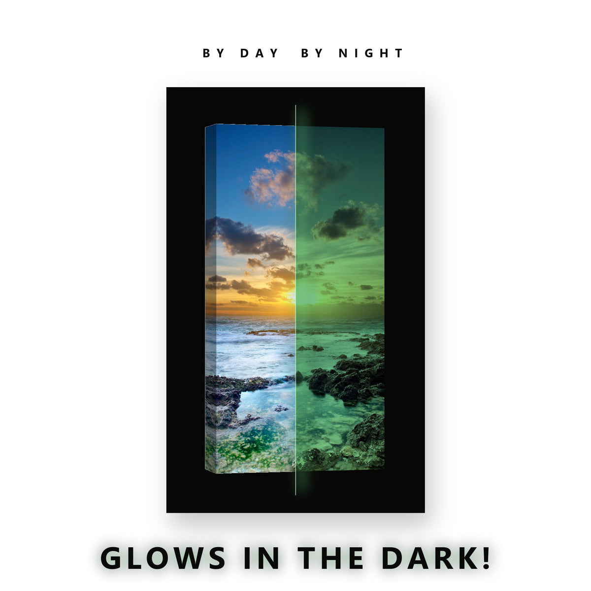 Tropical Beach Sunset Glow in the Dark Canvas Wall Art for Bedroom, glowing at night
