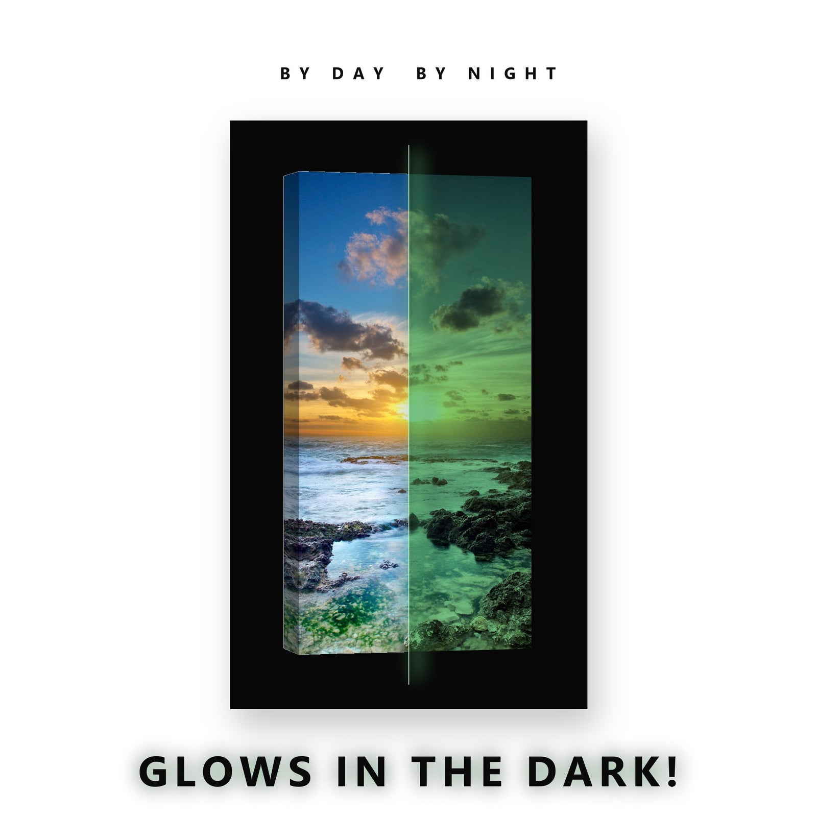 Tropical Beach Sunset Glow in the Dark Canvas Wall Art for Bedroom, glowing at night