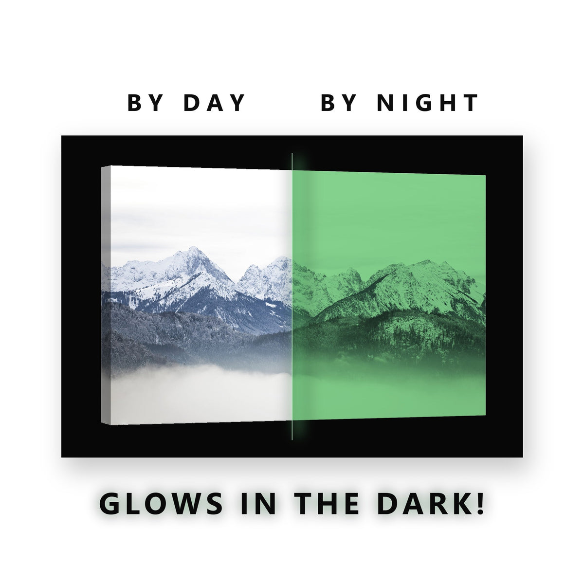 Snow Capped Mountains Above Clouds Glow in the Dark Canvas Wall Art for Office, glowing at night