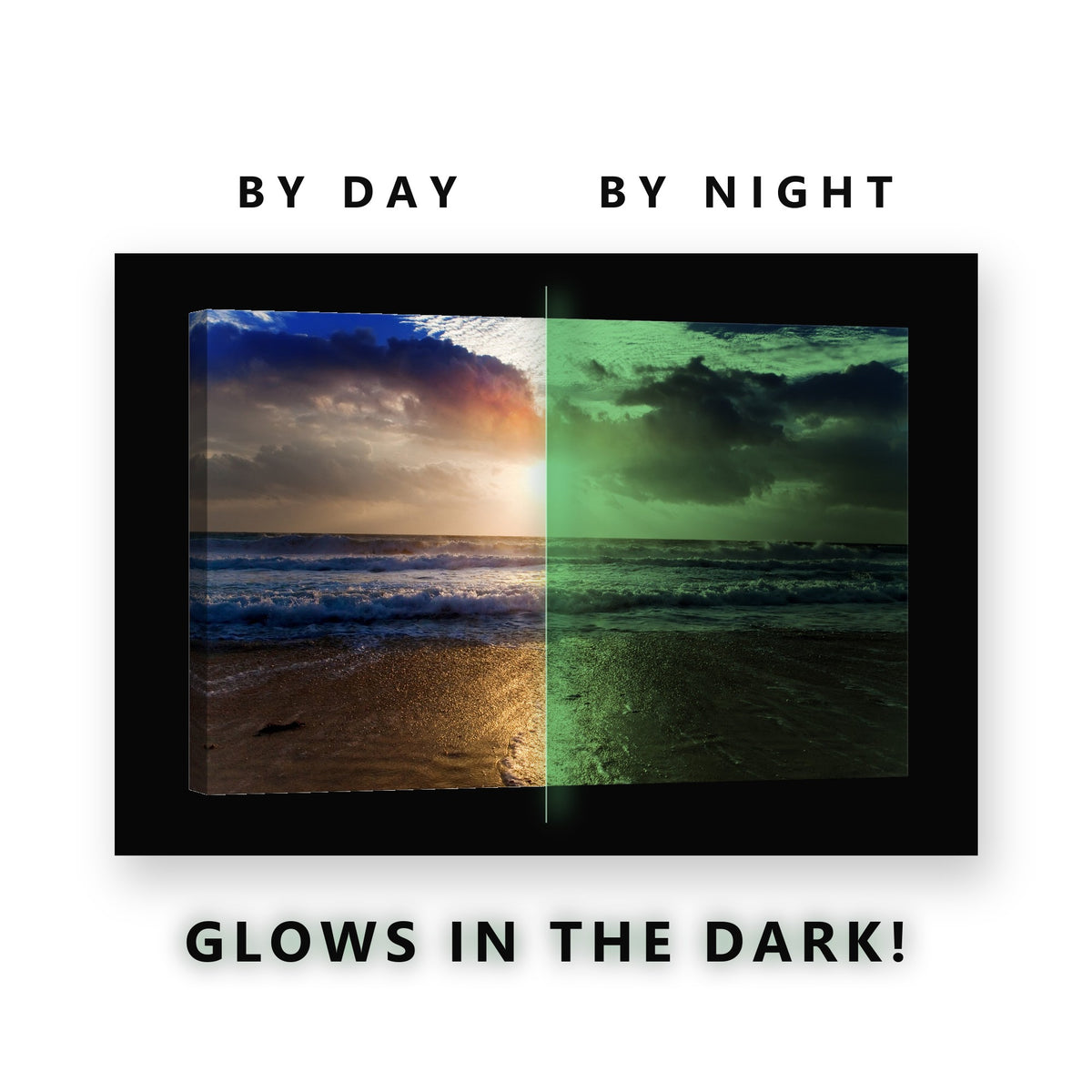 Dramatic Sunset Beach Waves Glow in the Dark Canvas Wall Art for Living Room, glowing at night