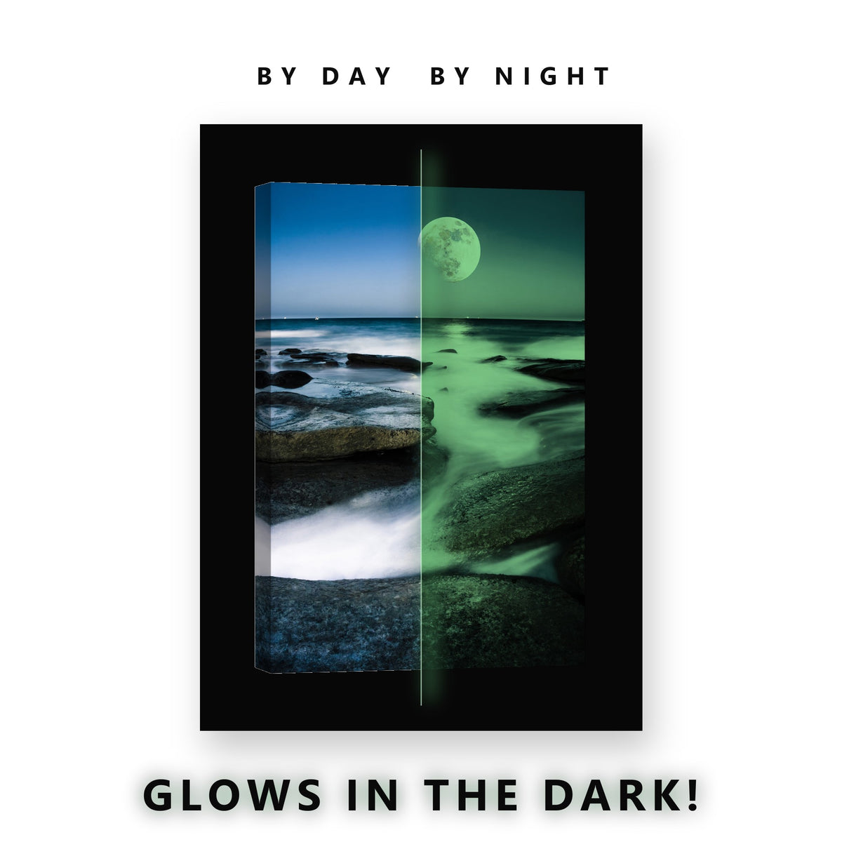 Full Moon Over Rocky Tide Pools Glow in the Dark Canvas Wall Art for Bedroom, glowing at night