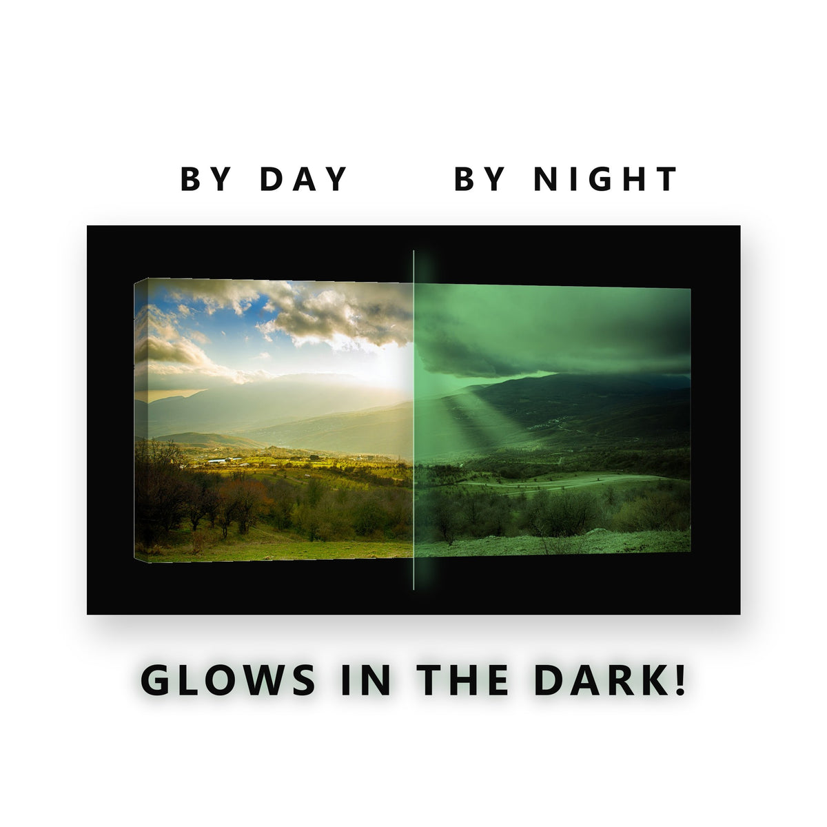 Sun Rays Over Green Valley Glow in the Dark Canvas Wall Art for Living Room, glowing at night