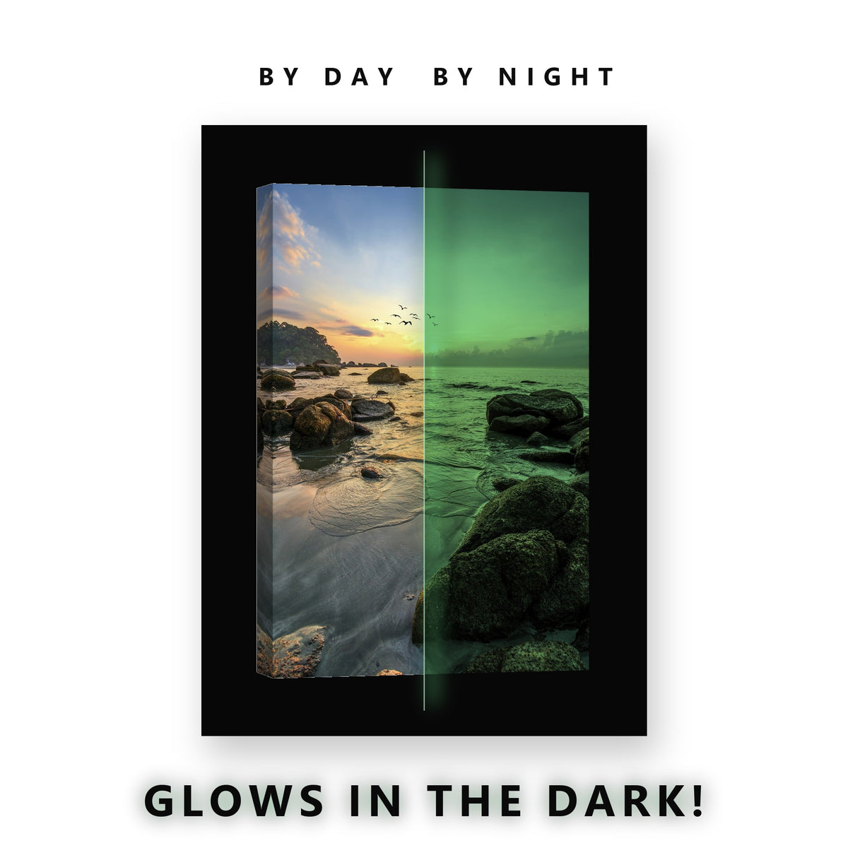 Birds Over Ocean Sunset Glow in the Dark Canvas Wall Art for Bedroom, glowing at night