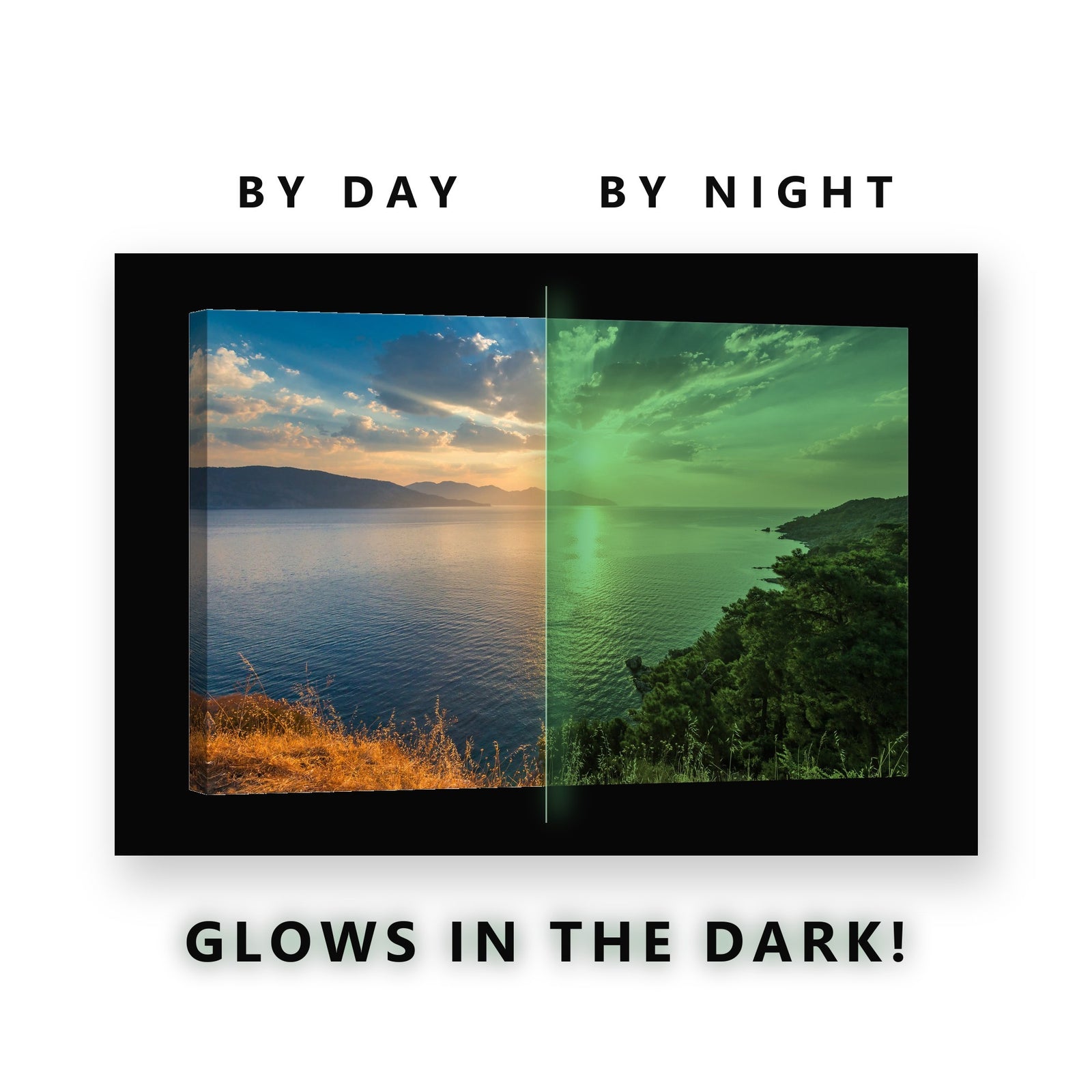 Sun Rays Over Calm Bay Glow in the Dark Canvas Wall Art for Living Room, glowing at night