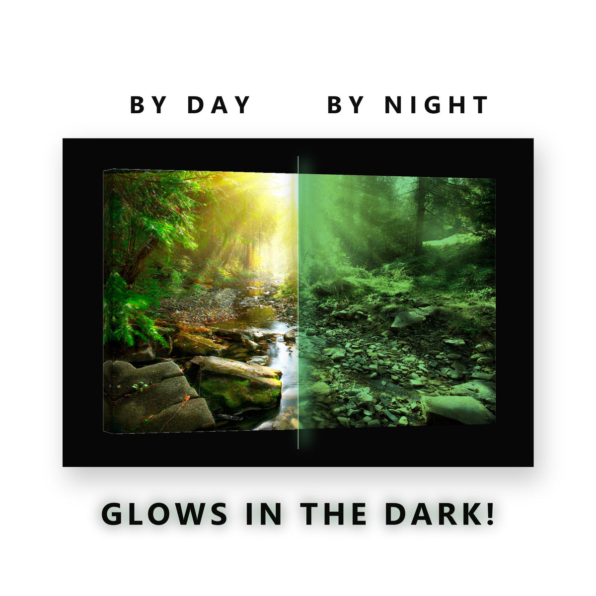 Sunlit Forest Stream Glow in the Dark Canvas Wall Art for Living Room, glowing at night