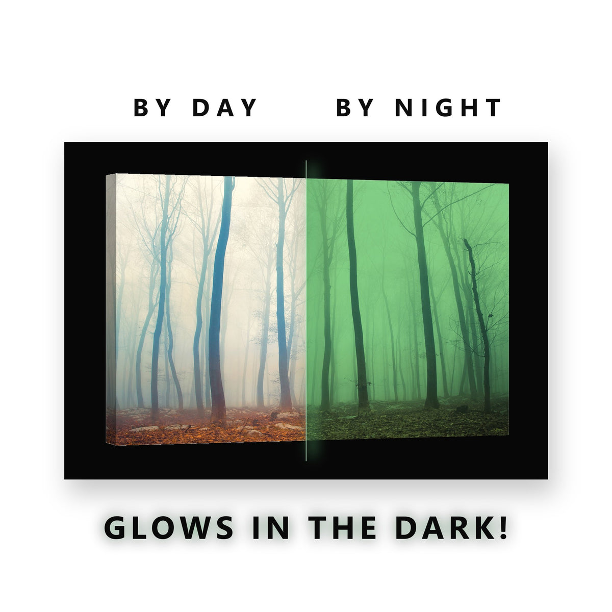 Misty Blue Forest Glow in the Dark Canvas Wall Art for Bedroom, glowing at night