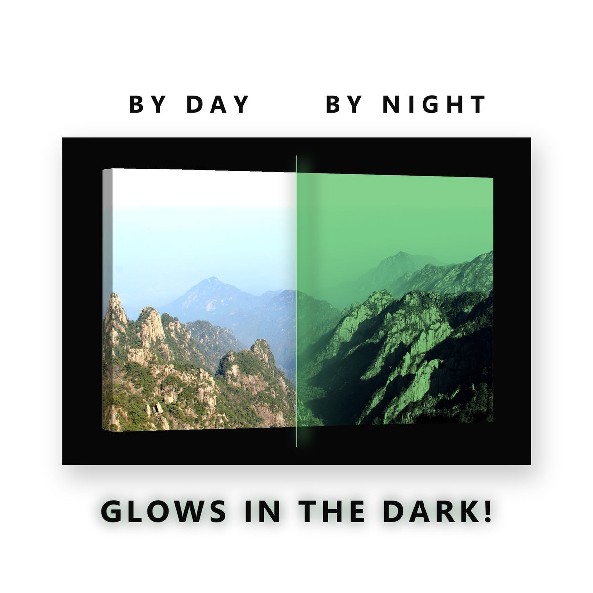 Layered Misty Mountain Ridges Glow in the Dark Canvas Wall Art for Office, glowing at night